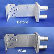 before and after photos of an aluminum housing with electroless nickel